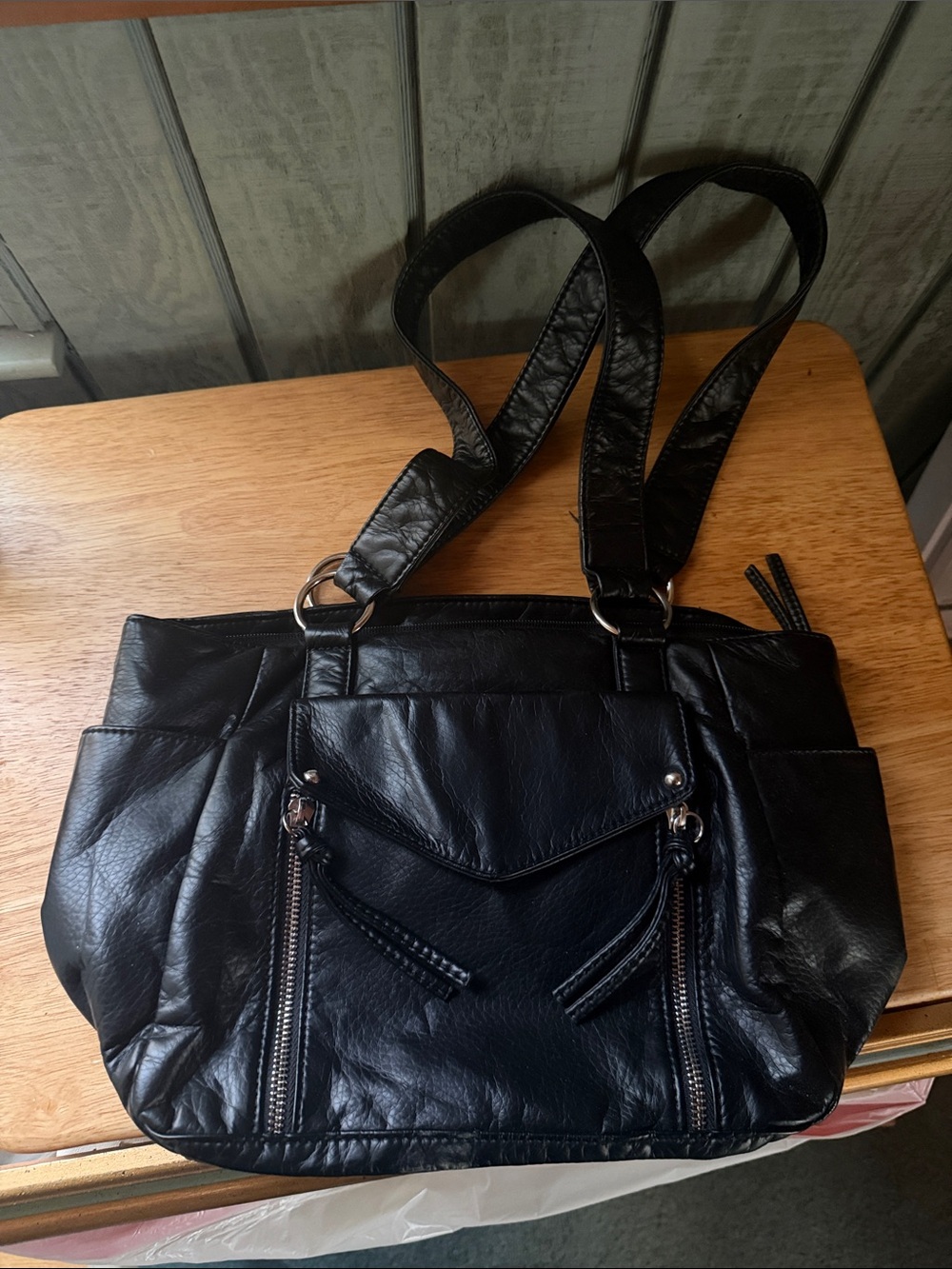 Bueno Black Faux-Leather Shoulder Bag with Front Zip Accents